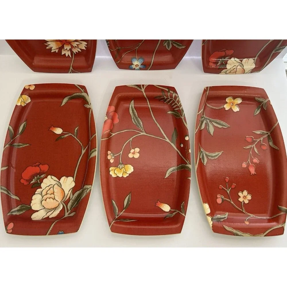 6 Plates Match Mates International Laminations Floral Red Luncheon Fancy Picnic - Picture 2 of 13